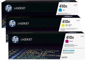 Hewlett Packard (HP) HP 410X 3 pakuočių didelio našumo žalsvai mėlynos spalvos / rausvai raudonos spalvos / geltonos originalios LaserJet dažų kasetės