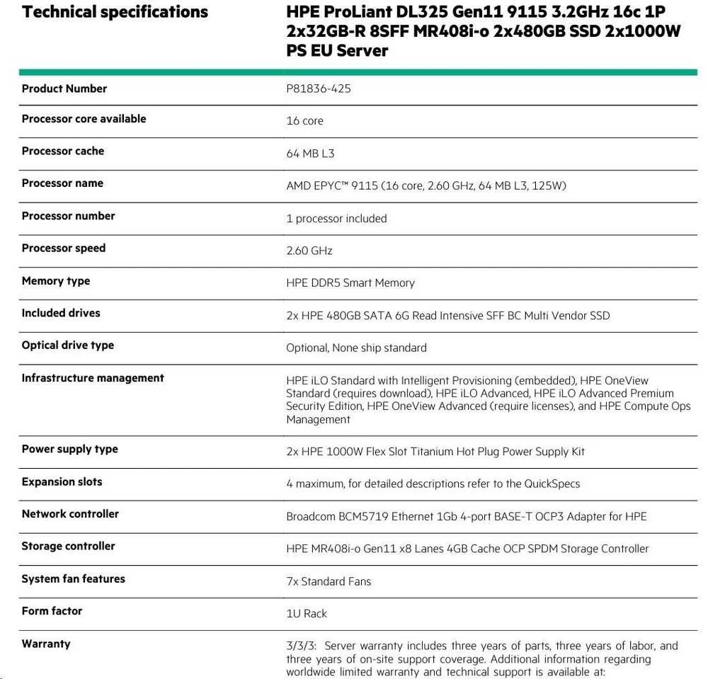 Hewlett Packard (HP) HP HPE PL DL325g11 serveris AMD Epyc 9115 (2.6-4.1/16C) 2x32G 6400 2x480G 2x1000W MR408i-o/4G 8SFF 4p1Gocp išmanusis pasirinkimas