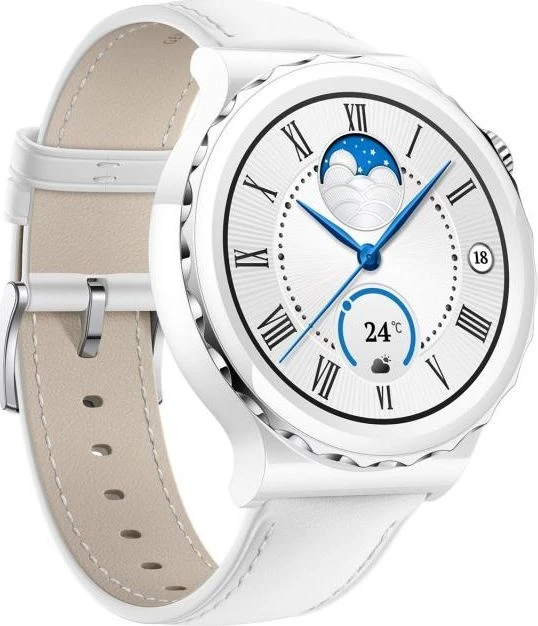 Išmanusis laikrodis Huawei Watch GT 3 Pro, Baltos spalvos korpusas su baltu odiniu dirželiu