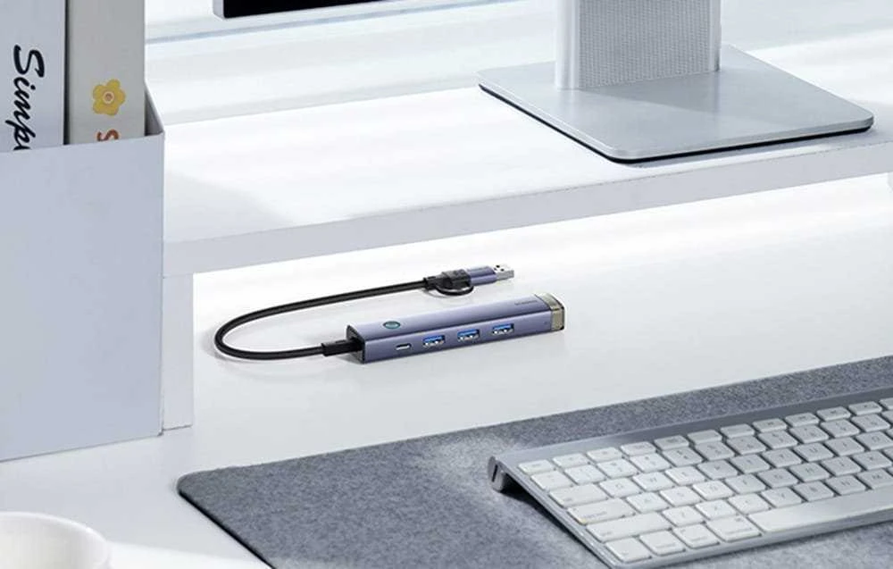 4in1 šakotuvas „Baseus UltraJoy“ su USB-A ir USB-C jungtimis, 3xUSB3.0+USB-C+RJ45 (pilkas)