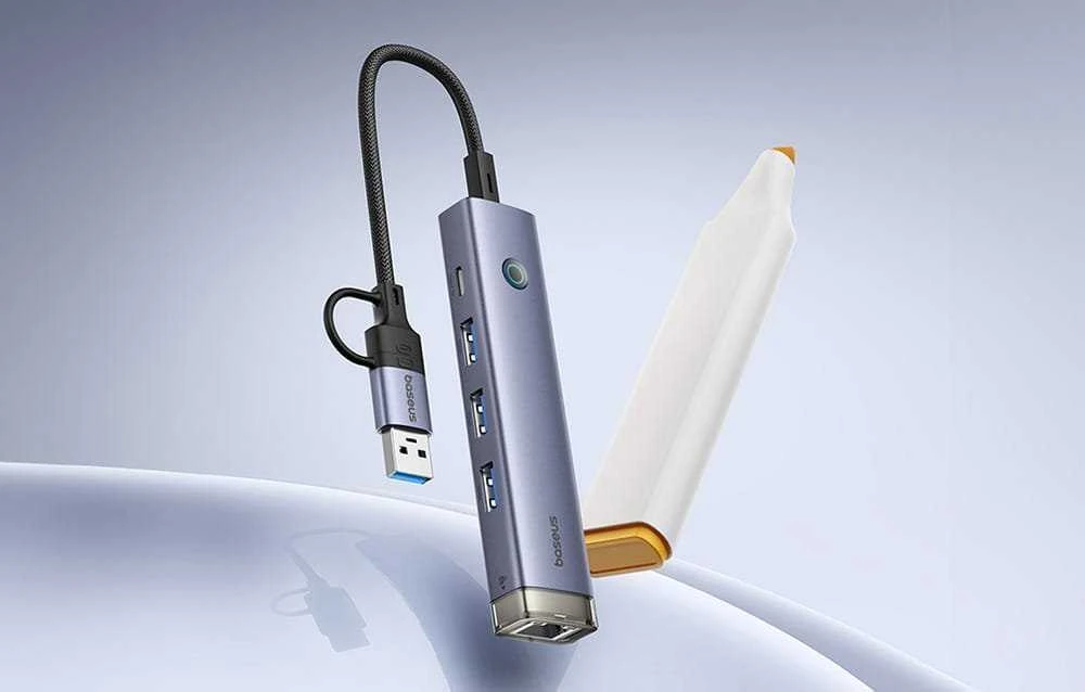 4in1 šakotuvas „Baseus UltraJoy“ su USB-A ir USB-C jungtimis, 3xUSB3.0+USB-C+RJ45 (pilkas)
