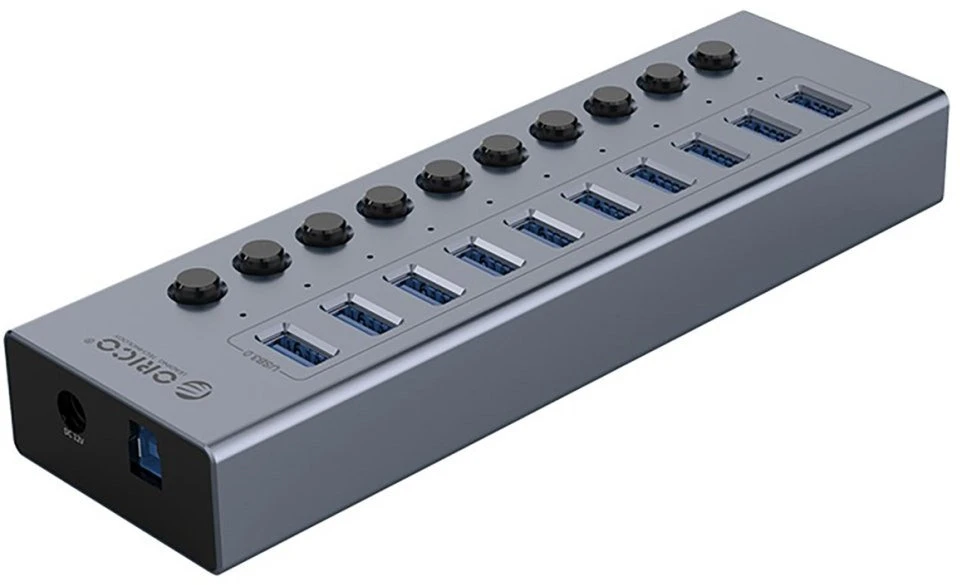 „Orico BT2U3-10AB“ šakotuvas, 10x USB-A 3.0, su jungikliais – pilkos spalvos