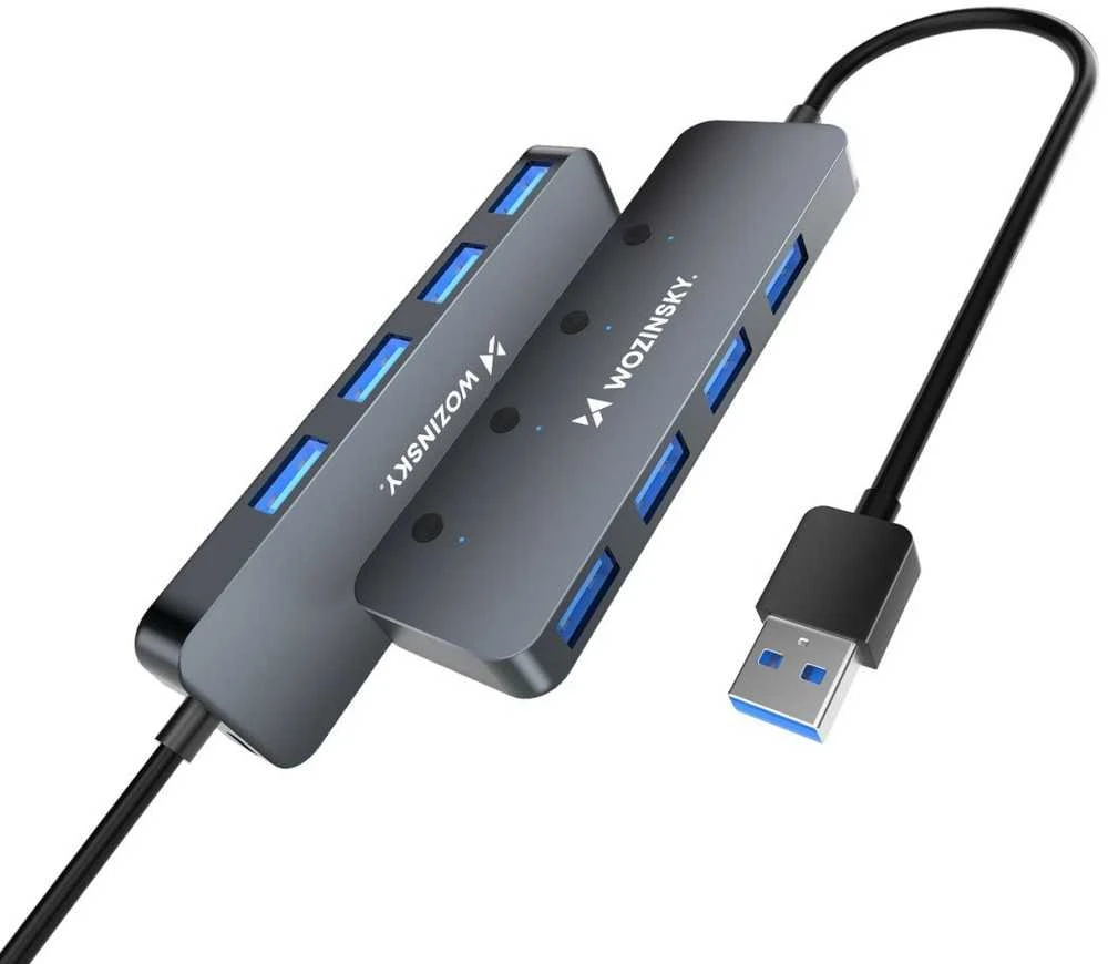 USB-A šakotuvas Wozinsky WHS080YSS 4 x USB-A 3.0 su atskirais jungikliais, aliuminis, su 30 cm laidu · pilka