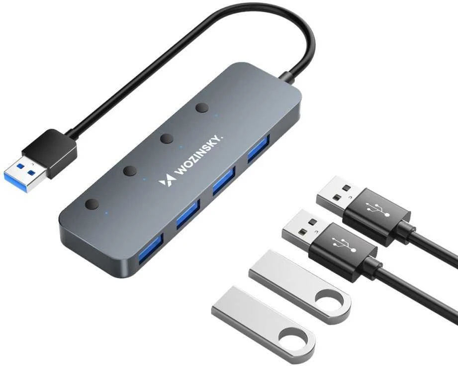 USB-A šakotuvas Wozinsky WHS080YSS 4 x USB-A 3.0 su atskirais jungikliais, aliuminis, su 30 cm laidu · pilka