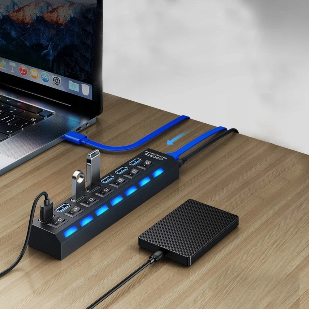 Hub USB šakotuvo skirstytuvas, 7 prievadų, USB 3.0 skirstytuvas