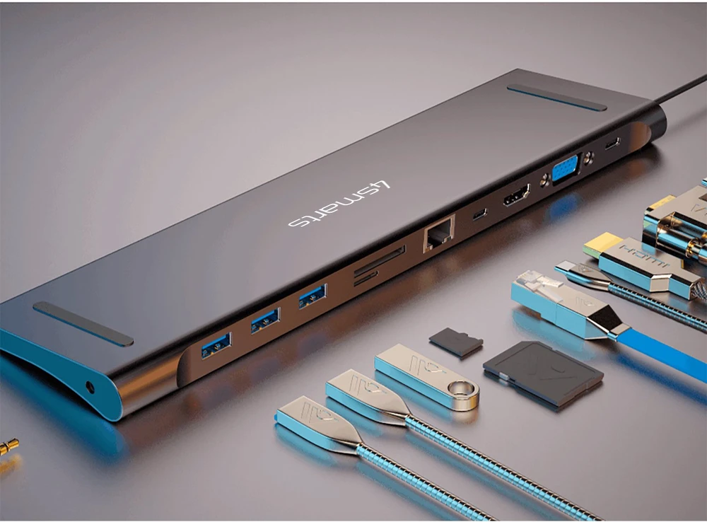 „HUB 4smarts 11in1“ nešiojamojo kompiuterio stovas HDMI/VGA/2xUSB-C/3xUSB-A/RJ45/SD/MMC/MicroSD/TF/AUX