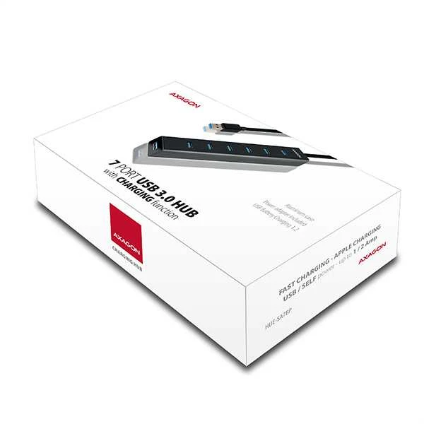 AXAGON HUE-SA7BP 7x USB3.0 ALU įkrovimo šakutė, įsk. AC Adapteris, Juodas