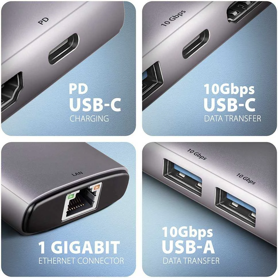 AXAGON HMC-6G2L 2x USB-A 10Gbps, 1x USB-C 10Gbps, 4K/60Hz HDMI, RJ-45, USB 3.2 Gen 2 šakotuvas, PD 100W, 15cm USB-C laidas