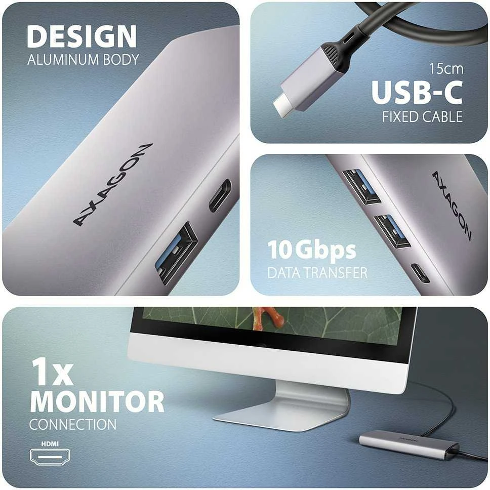 AXAGON HMC-6G2L 2x USB-A 10Gbps, 1x USB-C 10Gbps, 4K/60Hz HDMI, RJ-45, USB 3.2 Gen 2 šakotuvas, PD 100W, 15cm USB-C laidas