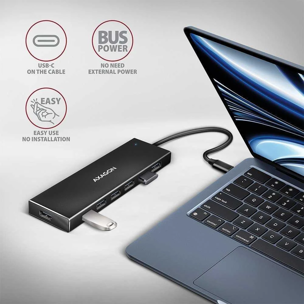 „Axagon“ septynių prievadų USB 3.2 Gen 1 šakotuvas su įkrovimo palaikymu. Jungtis išoriniam maitinimo šaltiniui. USB-C laidas 30 cm.