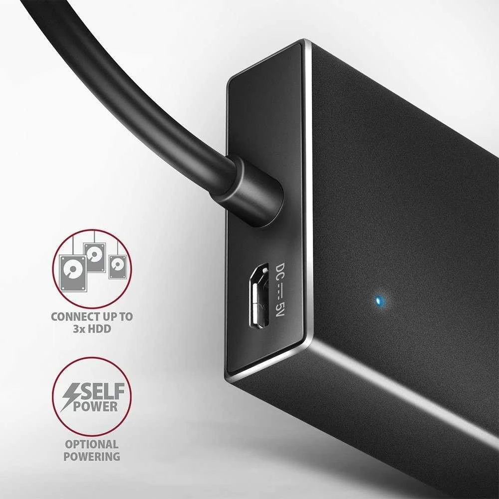 „Axagon“ septynių prievadų USB 3.2 Gen 1 šakotuvas su įkrovimo palaikymu. Jungtis išoriniam maitinimo šaltiniui. USB-C laidas 30 cm.