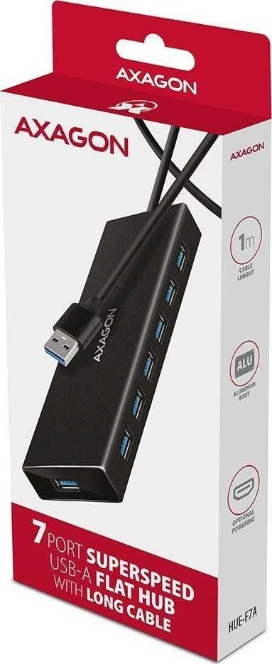 „Axagon“ septynių prievadų USB 3.2 Gen 1 šakotuvas su įkrovimo palaikymu. Jungtis išoriniam maitinimo šaltiniui. USB-A laidas 1 m.