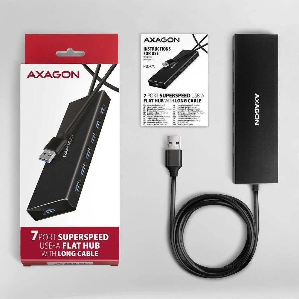 „Axagon“ septynių prievadų USB 3.2 Gen 1 šakotuvas su įkrovimo palaikymu. Jungtis išoriniam maitinimo šaltiniui. USB-A laidas 1 m.