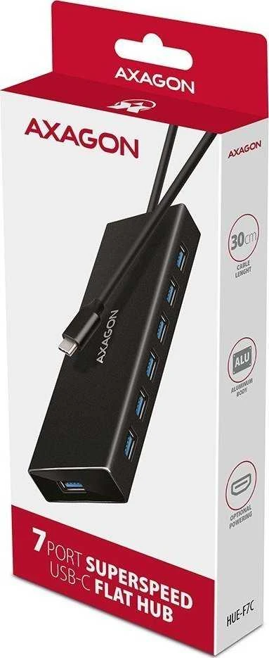 „Axagon“ septynių prievadų USB 3.2 Gen 1 šakotuvas su įkrovimo palaikymu. Jungtis išoriniam maitinimo šaltiniui. USB-C laidas 30 cm.