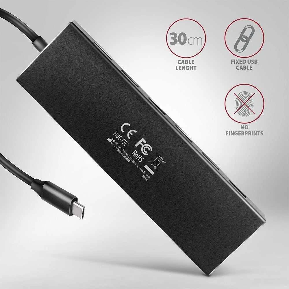 „Axagon“ septynių prievadų USB 3.2 Gen 1 šakotuvas su įkrovimo palaikymu. Jungtis išoriniam maitinimo šaltiniui. USB-C laidas 30 cm.