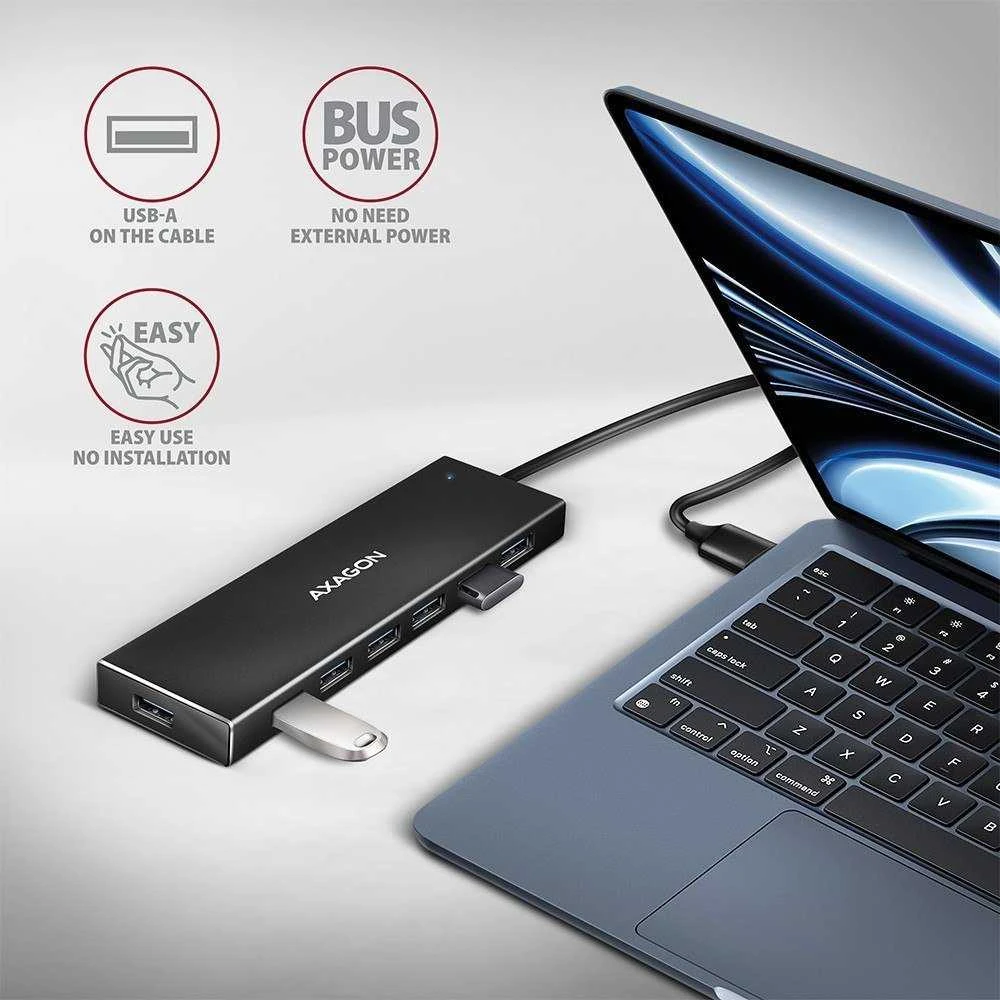 „Axagon“ septynių prievadų USB 3.2 Gen 1 šakotuvas su įkrovimo palaikymu. Jungtis išoriniam maitinimo šaltiniui. USB-A laidas 1 m.