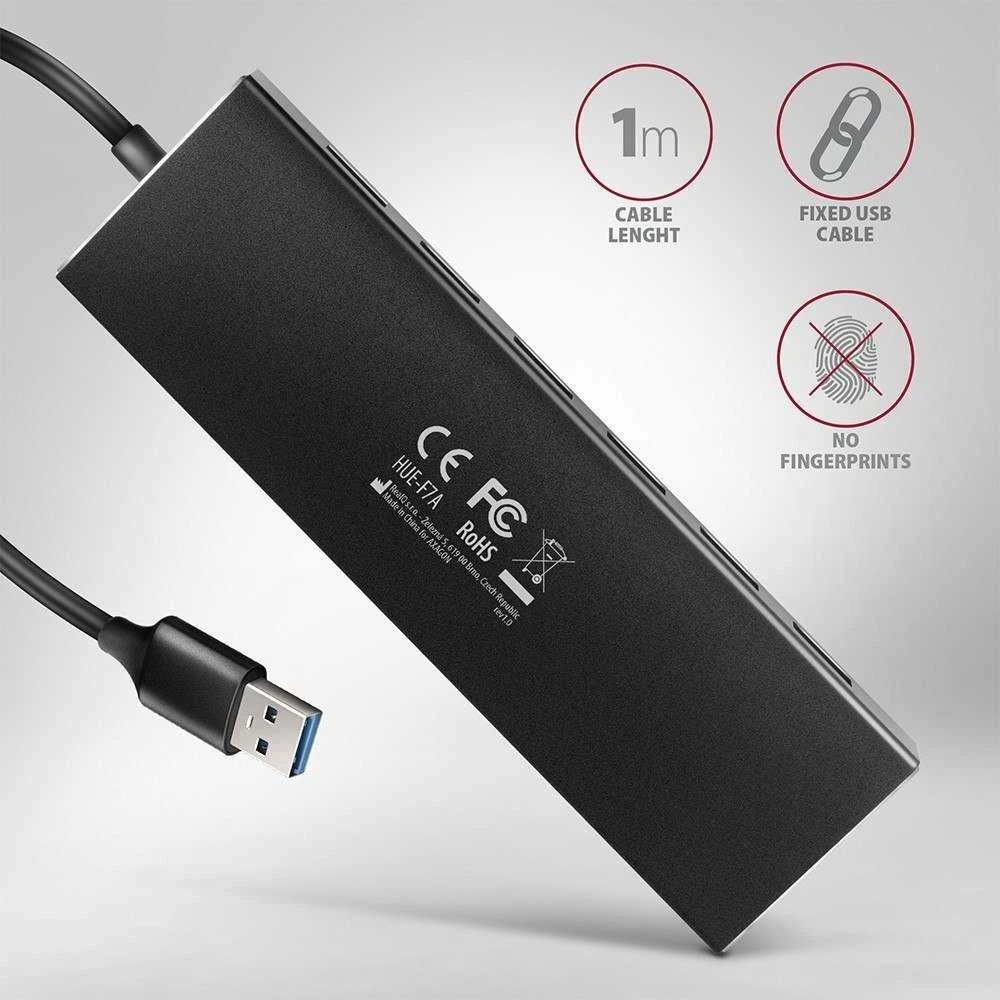 „Axagon“ septynių prievadų USB 3.2 Gen 1 šakotuvas su įkrovimo palaikymu. Jungtis išoriniam maitinimo šaltiniui. USB-A laidas 1 m.