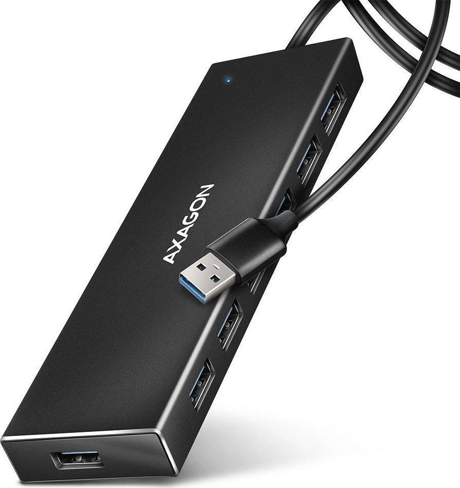 „Axagon“ septynių prievadų USB 3.2 Gen 1 šakotuvas su įkrovimo palaikymu. Jungtis išoriniam maitinimo šaltiniui. USB-A laidas 1 m.