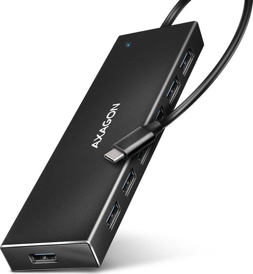 „Axagon“ septynių prievadų USB 3.2 Gen 1 šakotuvas su įkrovimo palaikymu. Jungtis išoriniam maitinimo šaltiniui. USB-C laidas 30 cm.
