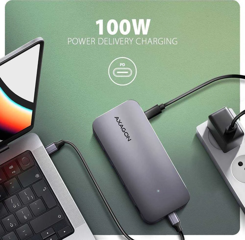 AXAGON kelių prievadų USB-C 10Gbps šakotuvas. NVMe/SATA M.2, HDMI ir DisplayPort. USB-C laidas 50 cm.