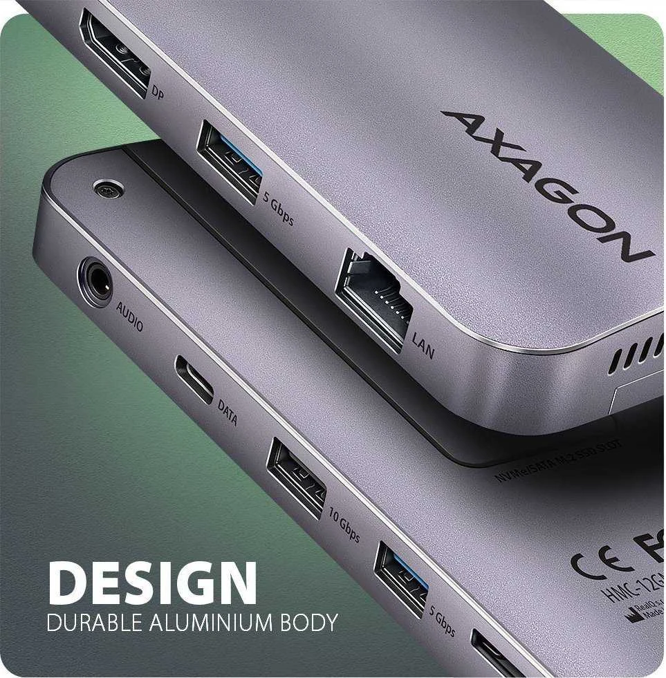 AXAGON kelių prievadų USB-C 10Gbps šakotuvas. NVMe/SATA M.2, HDMI ir DisplayPort. USB-C laidas 50 cm.