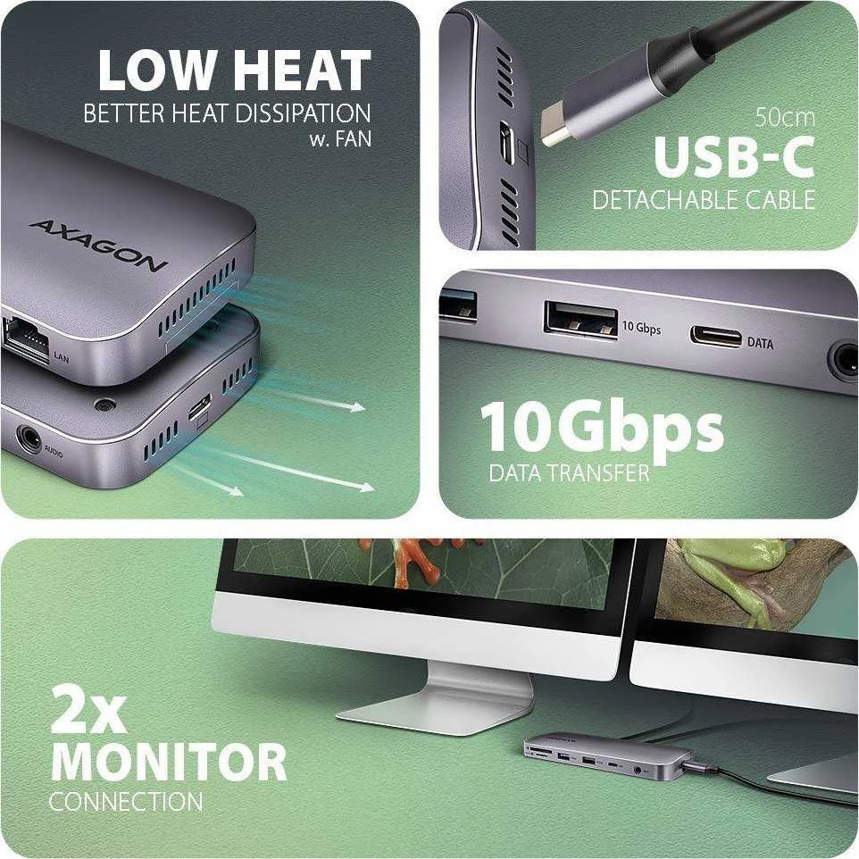 AXAGON kelių prievadų USB-C 10Gbps šakotuvas. NVMe/SATA M.2, HDMI ir DisplayPort. USB-C laidas 50 cm.