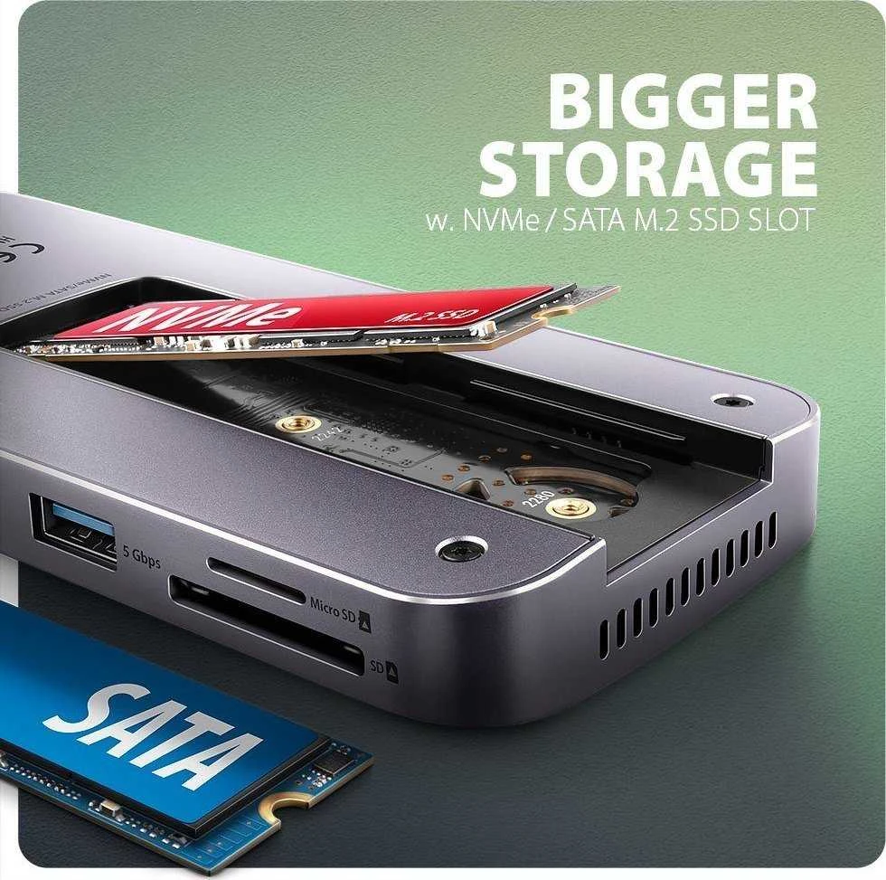 AXAGON kelių prievadų USB-C 10Gbps šakotuvas. NVMe/SATA M.2, HDMI ir DisplayPort. USB-C laidas 50 cm.