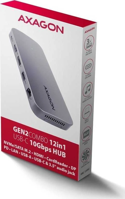 AXAGON kelių prievadų USB-C 10Gbps šakotuvas. NVMe/SATA M.2, HDMI ir DisplayPort. USB-C laidas 50 cm.