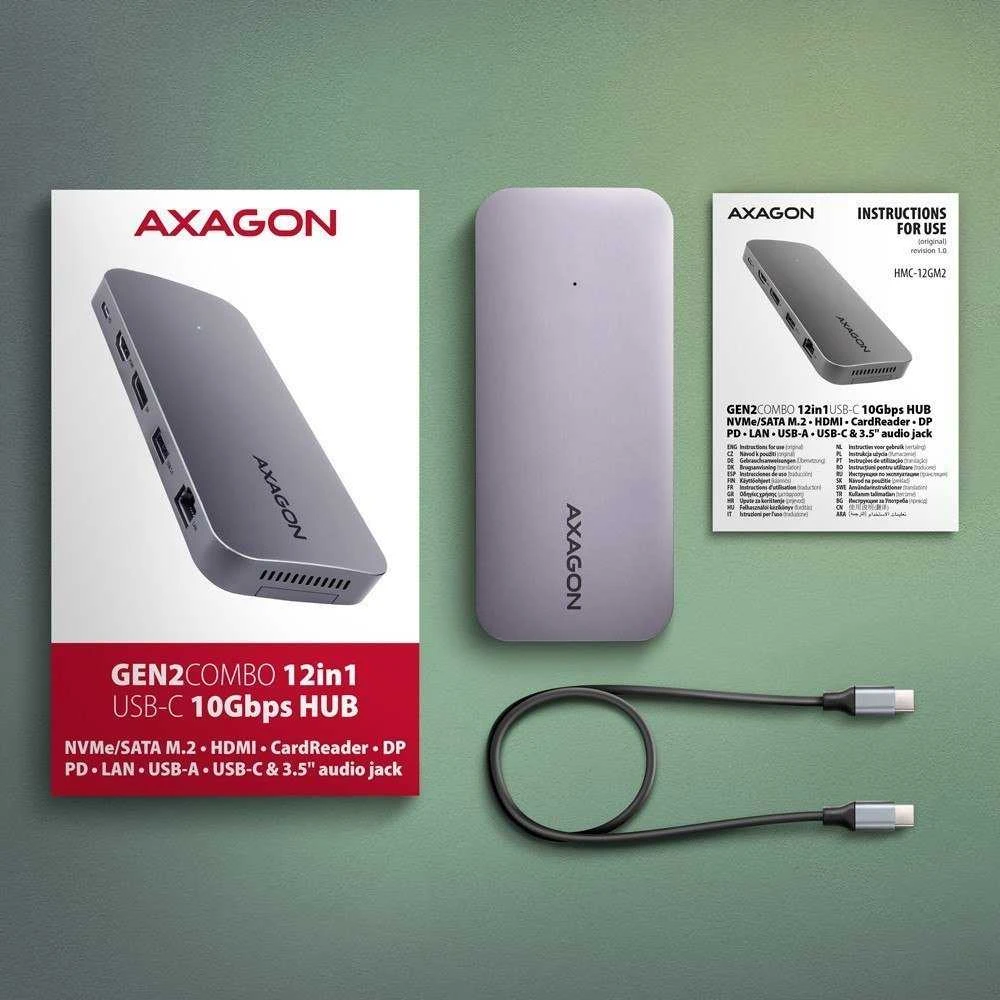 AXAGON kelių prievadų USB-C 10Gbps šakotuvas. NVMe/SATA M.2, HDMI ir DisplayPort. USB-C laidas 50 cm.