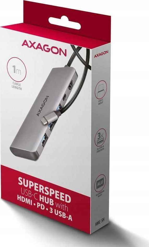 AXAGON HMC-5H USB-C 3.2 Gen 1 šakotuvas, 3x USB-A, 4K HDMI, PD 100W, 100 cm USB-C laidas