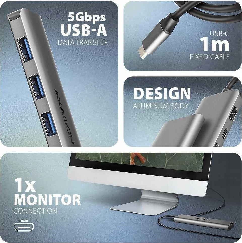 AXAGON HMC-5H USB-C 3.2 Gen 1 šakotuvas, 3x USB-A, 4K HDMI, PD 100W, 100 cm USB-C laidas