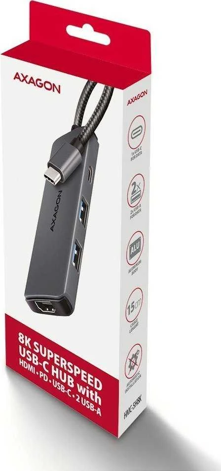 AXAGON HMC-5H8K USB 5Gbps šakotuvas, 2x USB-A, USB-C, HDMI 8k/30Hz, PD 100W,