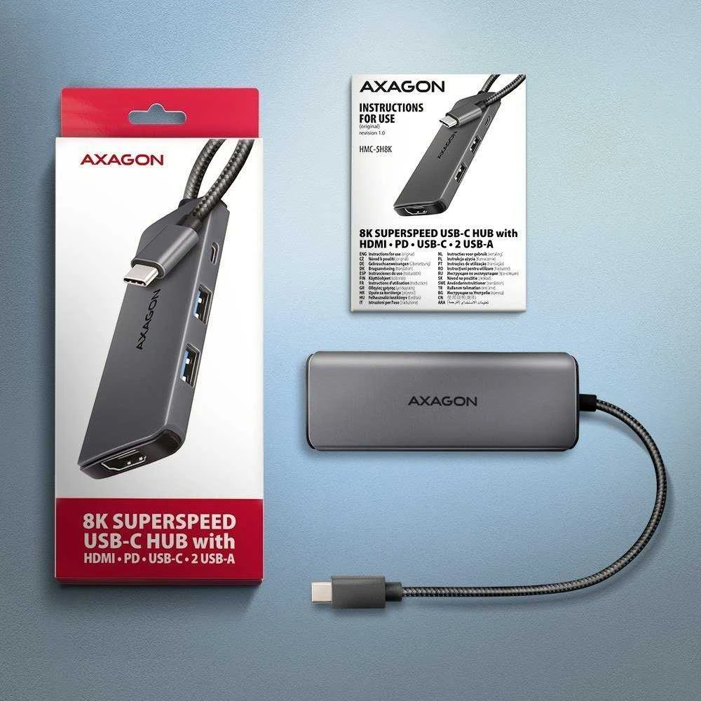 AXAGON HMC-5H8K USB 5Gbps šakotuvas, 2x USB-A, USB-C, HDMI 8k/30Hz, PD 100W,