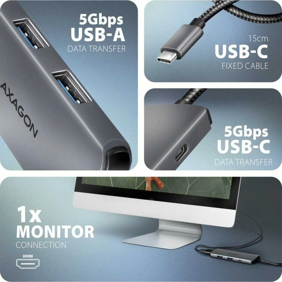 AXAGON HMC-5H8K USB 5Gbps šakotuvas, 2x USB-A, USB-C, HDMI 8k/30Hz, PD 100W,