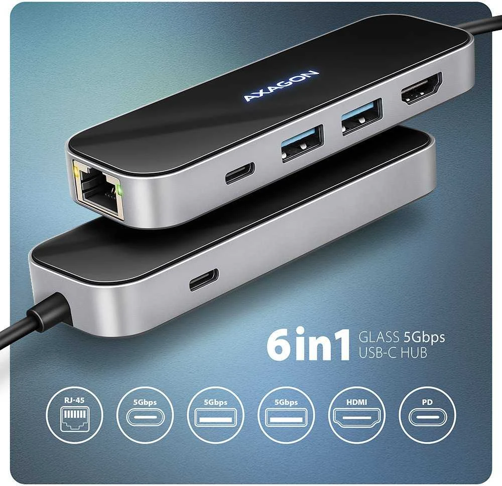 AXAGON HMC-6GLN 2x USB-A 5Gbps, 1x USB-C 5Gbps, 4K/60Hz HDMI, RJ-45, USB 3.2 Gen 1 šakotuvas, PD 100W, 20 cm USB-C laidas