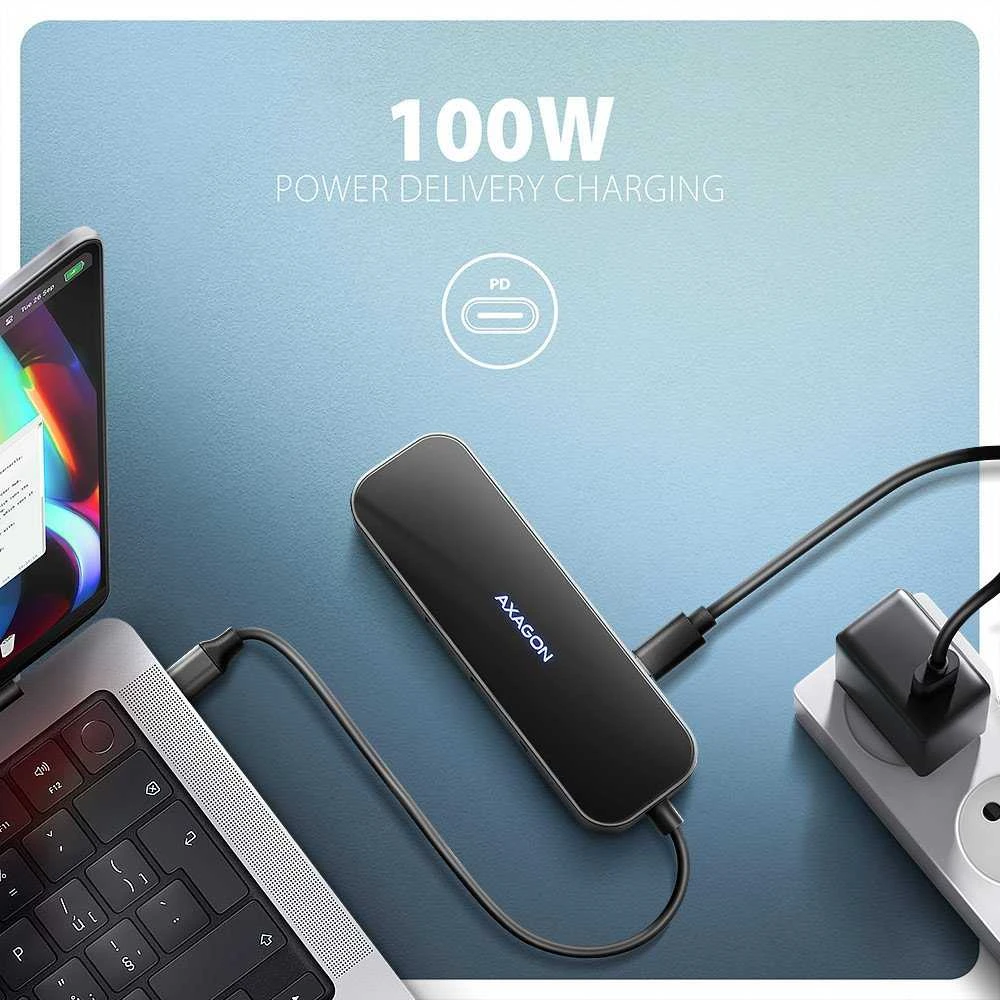 AXAGON HMC-6GLN 2x USB-A 5Gbps, 1x USB-C 5Gbps, 4K/60Hz HDMI, RJ-45, USB 3.2 Gen 1 šakotuvas, PD 100W, 20 cm USB-C laidas