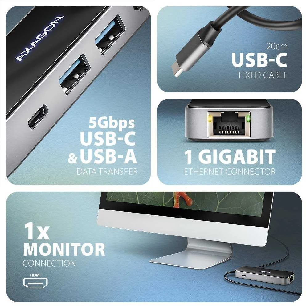 AXAGON HMC-6GLN 2x USB-A 5Gbps, 1x USB-C 5Gbps, 4K/60Hz HDMI, RJ-45, USB 3.2 Gen 1 šakotuvas, PD 100W, 20 cm USB-C laidas