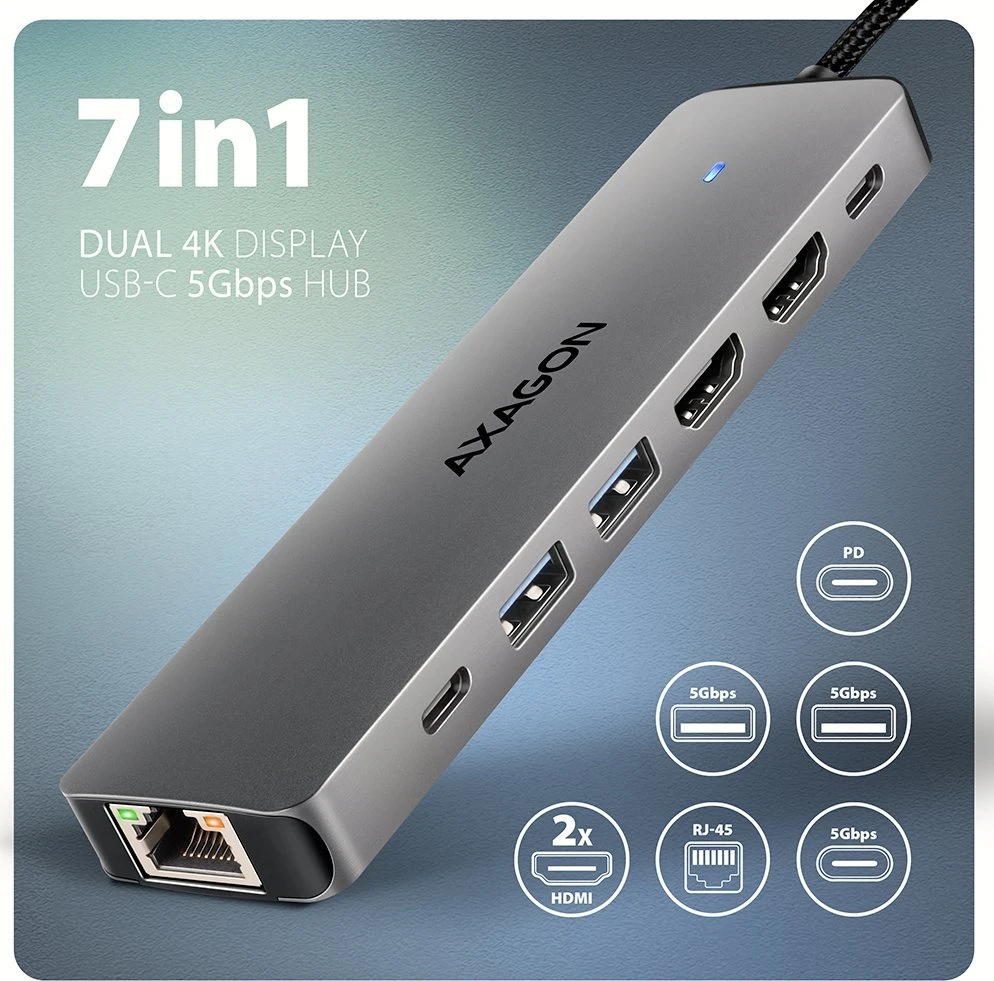 AXAGON HMC-7HX2 USB-C 3.2 Gen 1 šakotuvas, 2x USB-A + 1x USB-C, 2x HDMI 4K 60Hz, GLAN, PD 100W, 15 cm USB-C laidas