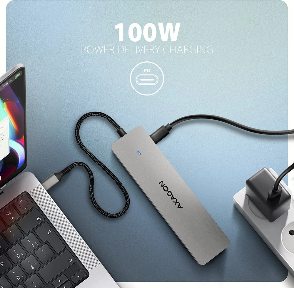 AXAGON HMC-7HX2 USB-C 3.2 Gen 1 šakotuvas, 2x USB-A + 1x USB-C, 2x HDMI 4K 60Hz, GLAN, PD 100W, 15 cm USB-C laidas