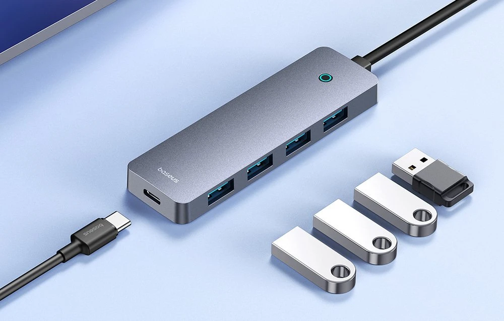 Baseus Šakotuvas USB-A 4 prievadų (USB 3.0) + USB-C maitinimui 50cm - pilkas
