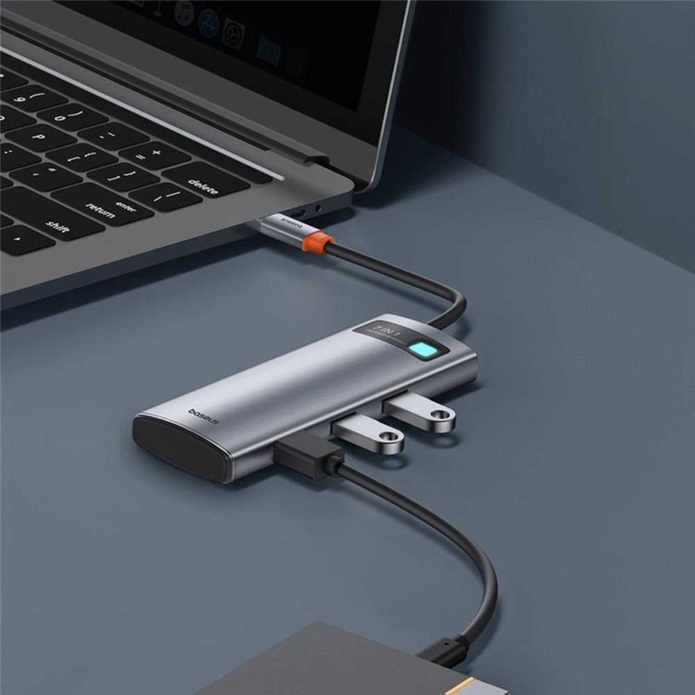 Hub 7in1 Baseus Gleam USB-C iki 1x HDMI4K 60Hz + 3x USB3.0 + 1x PD + 1x SD/TF – pilkas