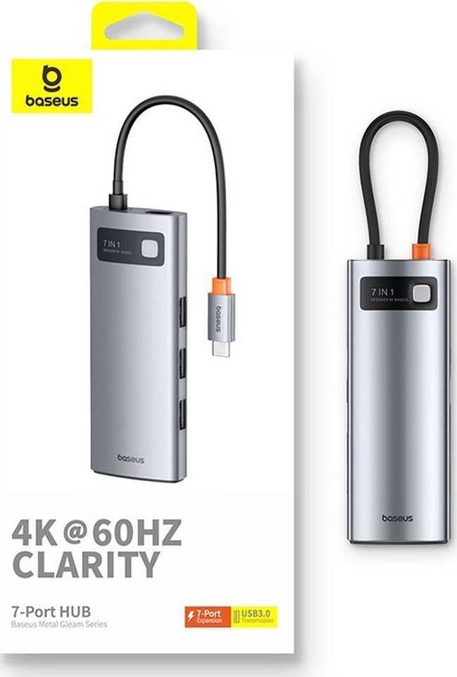 Hub 7in1 Baseus Gleam USB-C iki 1x HDMI4K 60Hz + 3x USB3.0 + 1x PD + 1x SD/TF – pilkas
