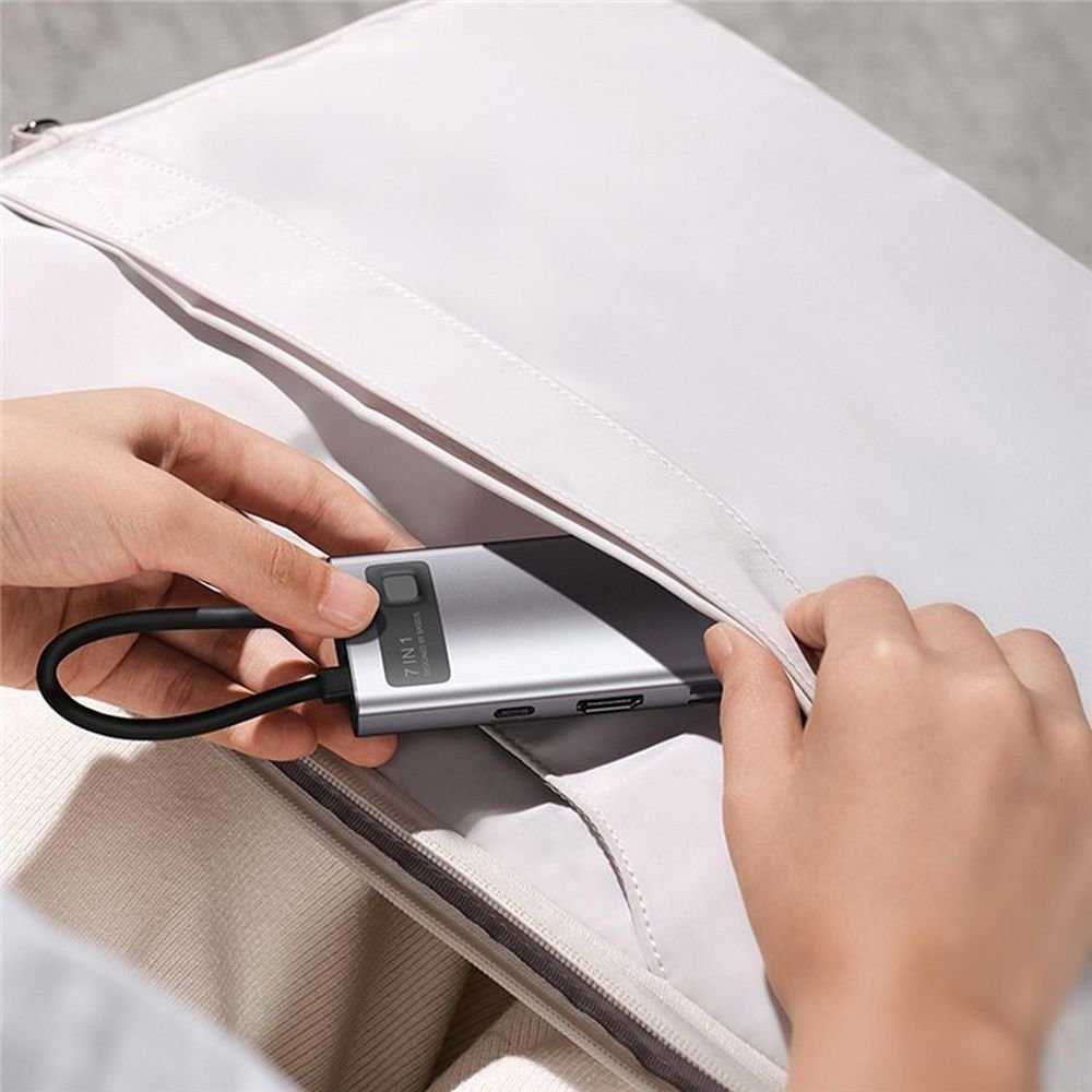 Hub 7in1 Baseus Gleam USB-C iki 1x HDMI4K 60Hz + 3x USB3.0 + 1x PD + 1x SD/TF – pilkas