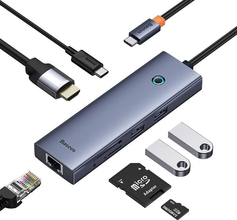 Hub 7w1 Baseus UltraJoy 7 prievadų (USB-C iki 1xHDMI4K@30Hz + 2xUSB 3.0 + 1xPD +RJ45 + SD/TF3.0)