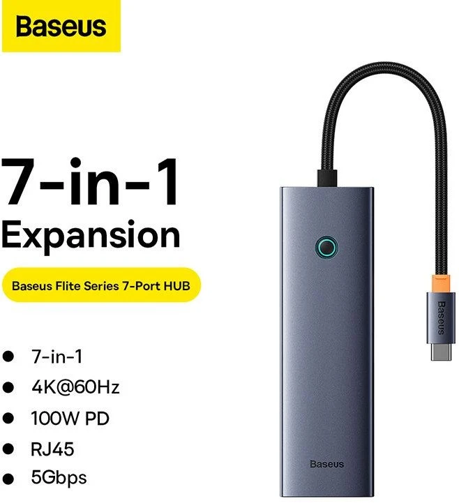 „Baseus UltraJoy“ 7 prievadų šakotuvas 7w1 (USB-C į 1xHDMI4K@30Hz + 2xUSB 3.0 + 1xPD +RJ45 + SD/TF3.0)