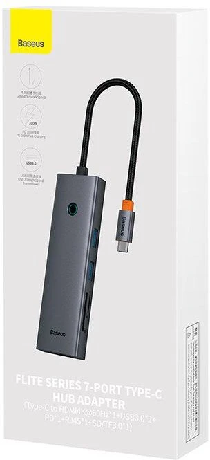 „Baseus UltraJoy“ 7 prievadų šakotuvas 7w1 (USB-C į 1xHDMI4K@30Hz + 2xUSB 3.0 + 1xPD +RJ45 + SD/TF3.0)