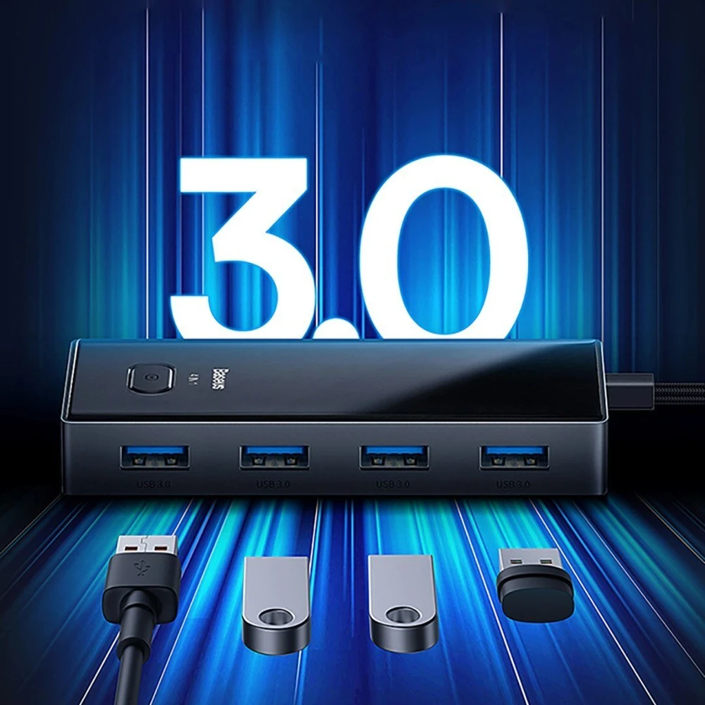 Baseus PioneerJoy 4 x USB-A 3.0 USB-C šakotuvas – pilkas
