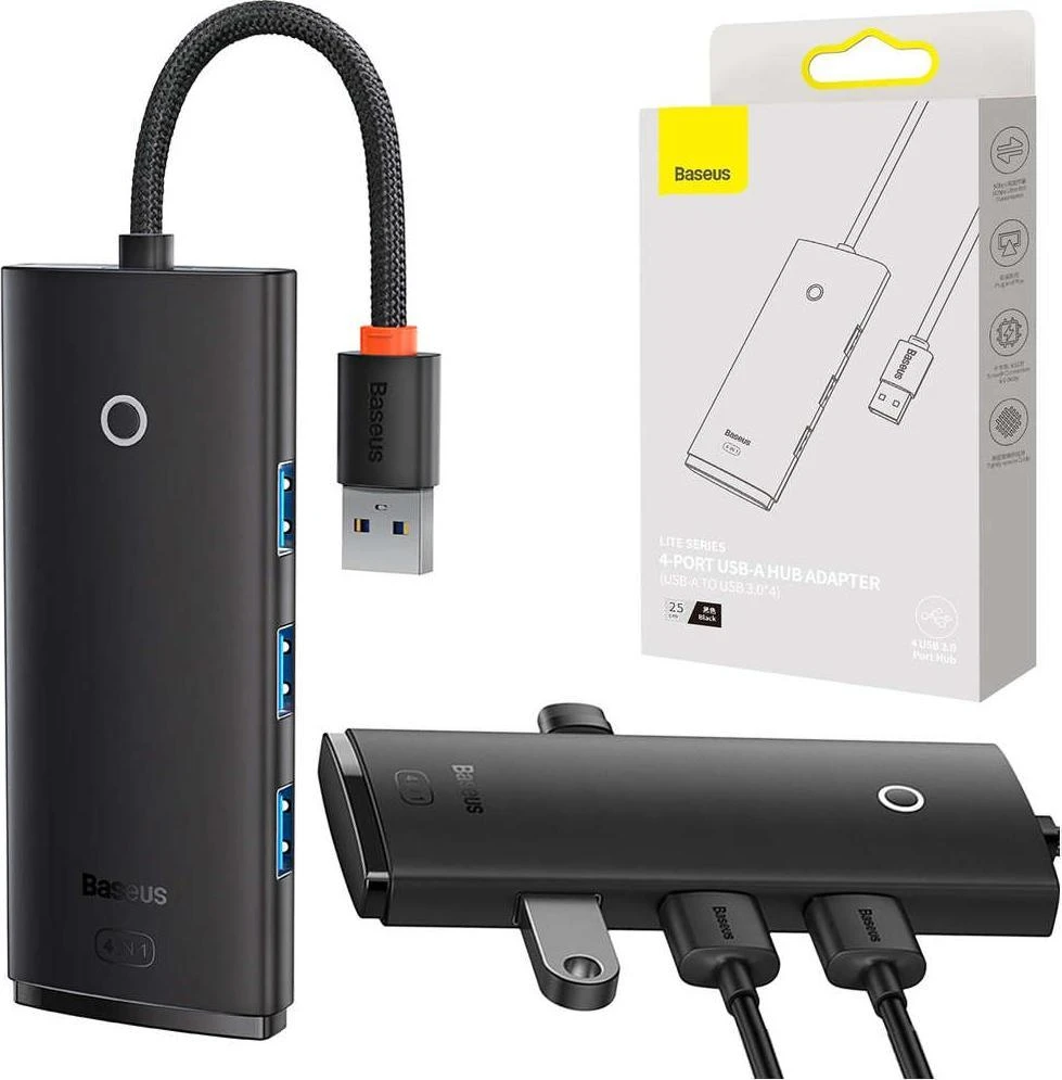 Baseus Šakotuvas USB-A 4 prievadų (USB 3.0) 25cm, juodas