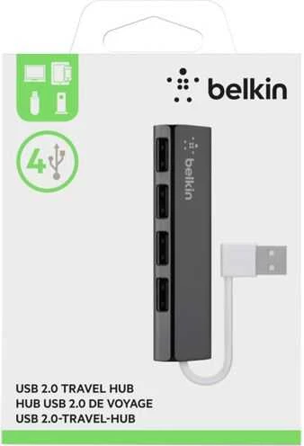 „Belkin“ itin plokščias 4 prievadų plonas „Travel-Hub“ pasyvus juodas F4U042BT