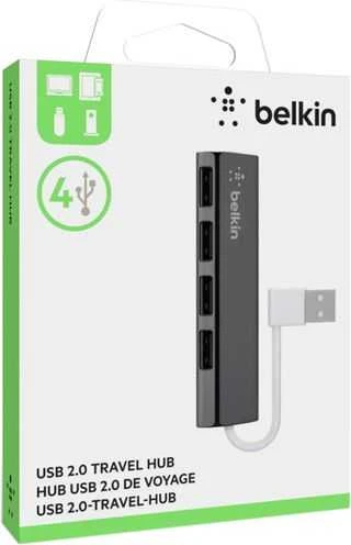 „Belkin“ itin plokščias 4 prievadų plonas „Travel-Hub“ pasyvus juodas F4U042BT